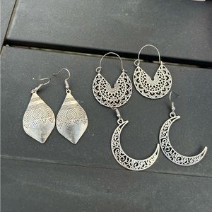 Set of three silver boho earrings
